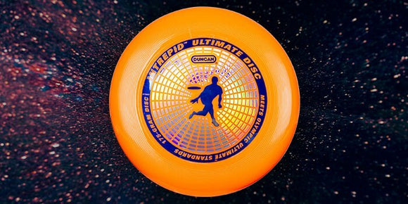 The Intrepid Ultimate Disc by Duncan is a vibrant orange flying disc, prominently featuring a blue silhouette of a player in action. The disc is designed for ultimate frisbee enthusiasts, ensuring maximum flight performance and durability. Its lightweight foam material provides a comfortable grip, making it perfect for casual play or competitive matches.