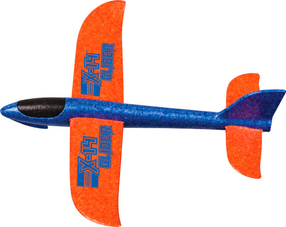 The X-14 Glider is a colorful toy plane featuring a vibrant blue body with bright orange wings. The glider is designed for outdoor play and comes with a hand launcher for effortless flight. Ideal for kids and enthusiasts of all ages, it promotes active play and helps develop hand-eye coordination.