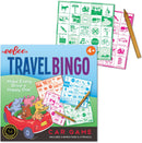 Eeboo Travel Bingo Set featuring colorful bingo pads and pencils, designed for family road trips. Includes 4 bingo pads illustrated with various items like trees, animals, and vehicles to spot during travel.