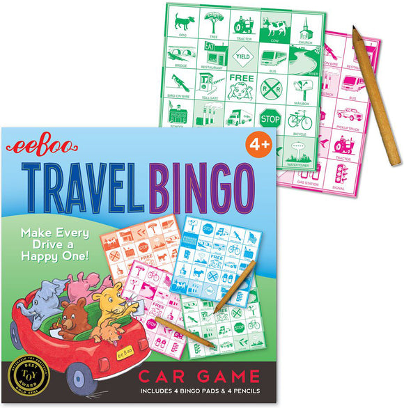 Eeboo Travel Bingo Set featuring colorful bingo pads and pencils, designed for family road trips. Includes 4 bingo pads illustrated with various items like trees, animals, and vehicles to spot during travel.