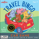 Eeboo Travel Bingo Set featuring playful animal characters in a red car. The set includes 4 bingo pads and 4 pencils, designed for family fun during car trips. Ideal for ages 5 and up, this award-winning game enhances travel experiences with engaging gameplay.
