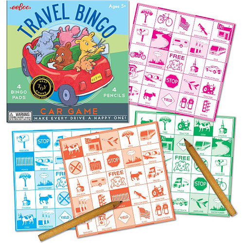 Eeboo Travel Bingo Set, featuring colorful bingo pads and pencils. It includes four bingo pads with various travel-themed images for players to mark during car rides, ideal for family entertainment on the road.