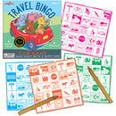 Eeboo's Travel Bingo Set featuring a colorful game box with cartoon animals in a car. The set includes four bingo pads and pencils, each pad decorated with various travel-themed images like road signs and animals. Ideal for kids aged 5 and up, perfect for making road trips fun and engaging.