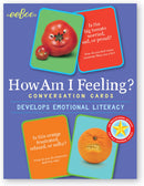 Colorful package of 'How Am I Feeling?' conversation cards by Eeboo, featuring cartoonish tomatoes and oranges expressing various emotions. The cards are designed to develop emotional literacy, showcasing questions about feelings like frustration, pride, and sadness.