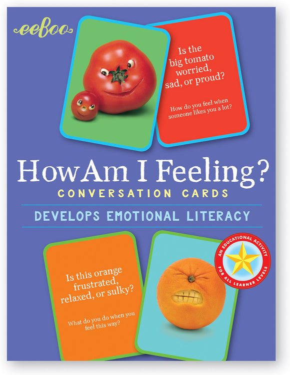 Colorful package of 'How Am I Feeling?' conversation cards by Eeboo, featuring cartoonish tomatoes and oranges expressing various emotions. The cards are designed to develop emotional literacy, showcasing questions about feelings like frustration, pride, and sadness.