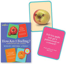 How Am I Feeling? conversation cards by Eeboo feature colorful cards depicting expressive fruits with asking prompts about emotions. The box showcases various facial expressions on fruits like tomatoes and apples, encouraging playful discussions about feelings.