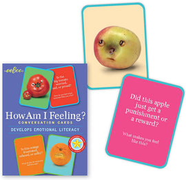 How Am I Feeling? conversation cards by Eeboo feature colorful cards depicting expressive fruits with asking prompts about emotions. The box showcases various facial expressions on fruits like tomatoes and apples, encouraging playful discussions about feelings.