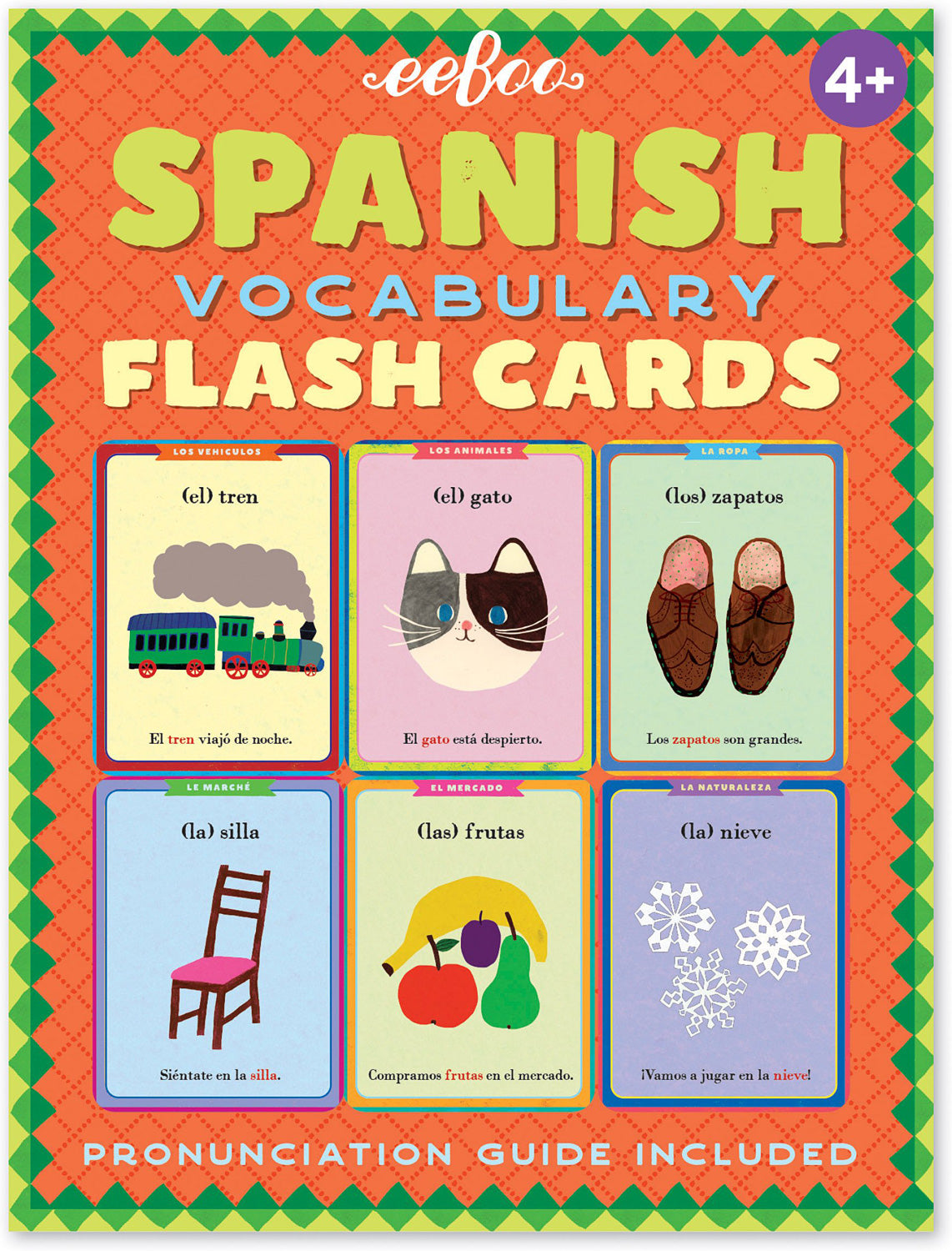 Eeboo Spanish Vocabulary Flash Cards featuring colorful illustrations of a train, cat, shoes, chair, fruits, and snowflakes. Each card displays the Spanish word along with a brief description in Spanish. The set is designed for children aged 4 and up and includes a pronunciation guide, promoting fun and interactive learning.