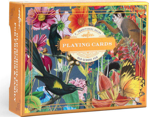 Garden of Eden Playing Cards by Eeboo, featuring vibrant illustrations of exotic birds and flowers on the box. Ideal for family game nights and social gatherings, these traditional playing cards offer an engaging experience.