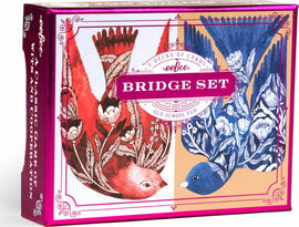 Eeboo Bridge Playing Cards featuring vibrant artwork of two birds on the box. The design highlights detailed illustrations of a red bird with floral patterns and a blue bird, emphasizing old-school charm. The packaging indicates that the set includes two decks of cards, perfect for a classic game of bridge.