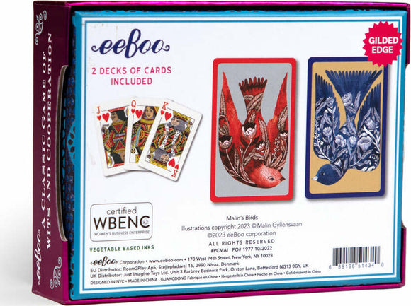 Eeboo's Bridge Playing Cards featuring illustrations of birds by Malin Gyllensvaan. The packaging displays two decks of cards with beautifully designed gilded edges, showcasing vibrant imagery of various birds on the card backs.