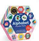 Hexagon-shaped box of Eeboo's Alphabet Puzzle Pairs featuring colorful illustrations representing letters and words. The packaging emphasizes matching pictures to letters, with highlights on vowels and consonants. Recommended for ages 3 and up, it carries a Best Toy Award seal.