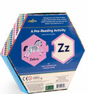 The Alphabet Puzzle Pairs by Eeboo features a colorful hexagonal box displaying a zebra illustration paired with the letter 'Z'. The box emphasizes fun and educational pre-reading activities, promoting letter and picture matching with 33 self-correcting puzzle pairs. Instructions are included for easy play.