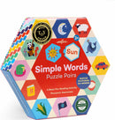 The Simple Words Hexagon Puzzle by Eeboo features colorful illustrations and words, designed for children aged 3 and up. The hexagonal box showcases various playful images including animals, objects, and a sun symbol. It's an engaging pre-reading activity for phonemic awareness, encouraging children to match pictures with words for a fun learning experience.