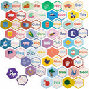 A colorful jigsaw puzzle featuring hexagonal pieces with illustrations of various objects and animals alongside their corresponding words. Pieces include drawings of a cow, a pig, a bicycle, and everyday items like a book, cup, and cake, designed to help with word recognition and cognitive skills for children.