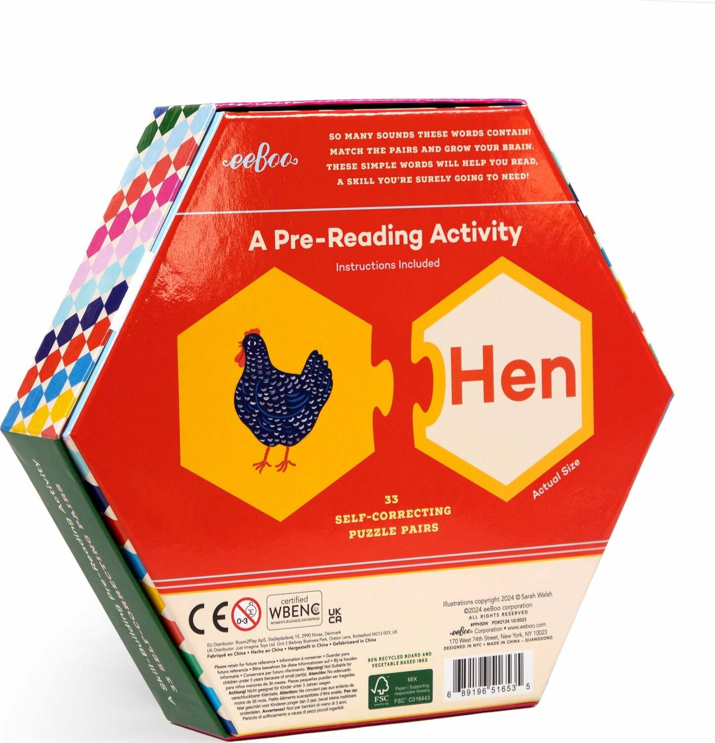 The Simple Words Hexagon Puzzle by Eeboo features a colorful hexagonal box showing a hen illustration and the word 'Hen'. It is a pre-reading activity that includes 33 self-correcting puzzle pairs designed to help young learners match words and images. The box is adorned with playful geometric patterns and provides instructions for engaging educational play.