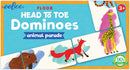 Eeboo's Head to Toe Dominoes game features colorful, illustrated animal cards including a fox, giraffe, and bear. Designed for children aged 3 and up, this engaging game encourages imaginative play and helps develop matching skills through a fun animal parade theme.