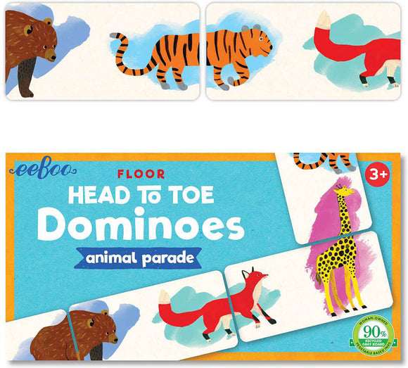 Eeboo's Head to Toe Dominoes game featuring colorful animal illustrations including a bear, tiger, fox, and giraffe on domino tiles. The game emphasizes animal recognition and matching for children aged 3 and up.