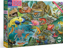 A colorful 100-piece jigsaw puzzle titled 'Love of Amphibians' by Eeboo, featuring a vibrant underwater scene filled with various frogs, toads, and aquatic plants. The box displays detailed illustrations of amphibians in their natural habitat, suitable for children aged 5 and up, with an informational poster included.