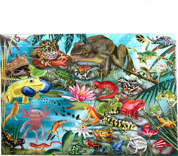 Colorful jigsaw puzzle depicting a vibrant underwater scene filled with various species of frogs and amphibians surrounded by lush greenery and water lilies. The puzzle features a range of colors and intricate details, showcasing the beauty of amphibian life.