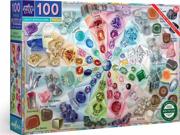 Eeboo Love of Crystal & Gems 100-piece jigsaw puzzle featuring a vibrant assortment of various crystals and gems arranged in a colorful design. The box includes a detailed illustration of gemstones such as Amethyst, Lapis Lazuli, Citrine, and Rose Quartz, along with their corresponding names. Perfect for ages 5 and up, this puzzle encourages learning and creativity while showcasing the beauty of gemstones.