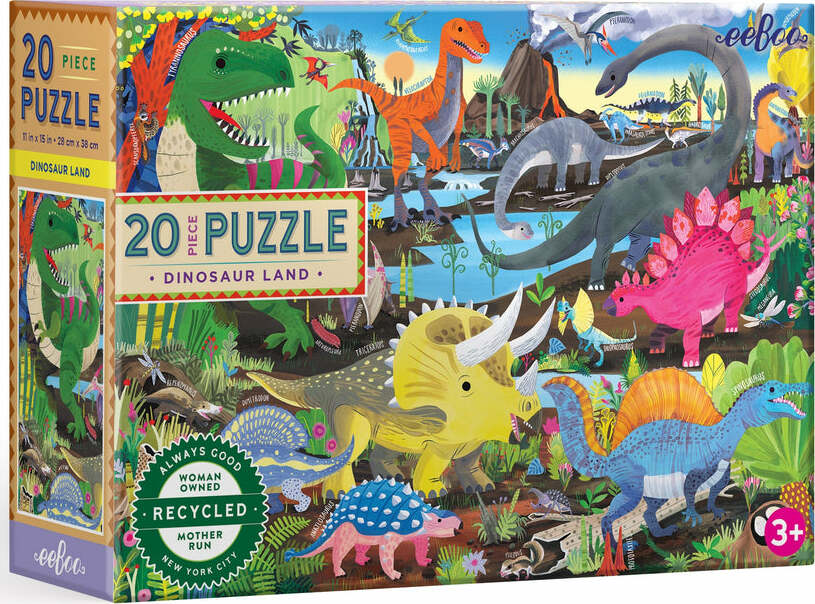 A colorful jigsaw puzzle box titled 'Dinosaur Land' by Eeboo. The front showcases vibrant illustrations of various dinosaurs in a prehistoric landscape, including a Tyrannosaurus rex, a Triceratops, and other species among lush greenery and water features. The puzzle features 20 pieces and is designed for children ages 3 and up.