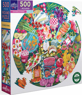 Eeboo Charcuterie 500-piece jigsaw puzzle featuring a vibrant and colorful illustration of a variety of food items including cheeses, fruits, and vegetables arranged in a circular pattern. The puzzle is packaged in a sturdy box with eco-friendly certification.