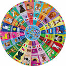 This vibrant round jigsaw puzzle features an array of illustrated dogs from around the world, each represented in their unique colors and styles. The circular design showcases various breeds, each accompanied by playful graphics and text in multiple languages depicting their barks. The colorful segments include backgrounds featuring flags, toys, and themed elements, making it not only a fun puzzle but also an educational experience about different dog breeds.