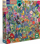 Garden of Eden jigsaw puzzle by Eeboo featuring a vibrant and intricate design with lush flowers, colorful birds, butterflies, and various botanical elements. The puzzle contains 500 pieces and measures 23 x 23 inches when completed, designed for nature lovers and puzzle enthusiasts alike.