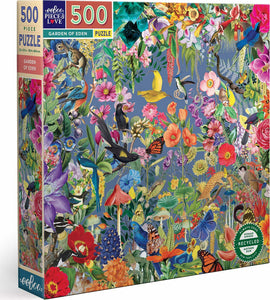 Garden of Eden jigsaw puzzle by Eeboo featuring a vibrant and intricate design with lush flowers, colorful birds, butterflies, and various botanical elements. The puzzle contains 500 pieces and measures 23 x 23 inches when completed, designed for nature lovers and puzzle enthusiasts alike.
