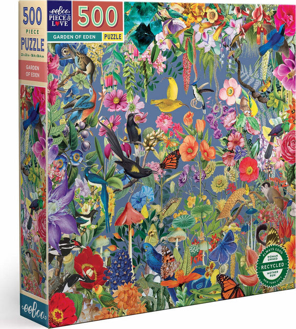 Garden of Eden jigsaw puzzle by Eeboo featuring a vibrant and intricate design with lush flowers, colorful birds, butterflies, and various botanical elements. The puzzle contains 500 pieces and measures 23 x 23 inches when completed, designed for nature lovers and puzzle enthusiasts alike.