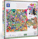 Eeboo's Garden of Eden jigsaw puzzle box featuring vibrant artwork of birds, flowers, and various creatures. The box dimensions are 23 x 23 inches, showcasing colorful illustrations that highlight the beauty and diversity of nature. The packaging includes a glimpse of the actual puzzle piece size.
