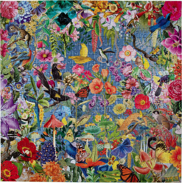 A vibrant jigsaw puzzle titled 'Garden of Eden' by Eeboo featuring an intricate illustration of flowers, birds, butterflies, and various plants in a colorful garden scene, enhancing visual engagement and promoting relaxation.
