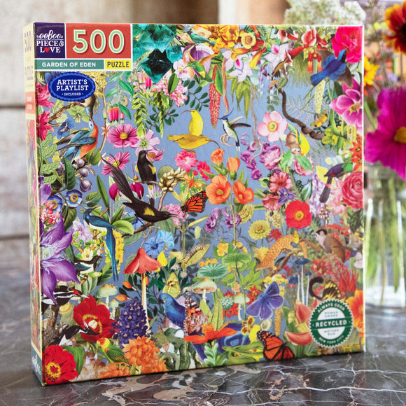 Garden of Eden jigsaw puzzle by Eeboo featuring a vibrant, colorful collage of flowers and birds. The design includes a variety of botanical elements and butterflies, ideal for nature lovers. This 500-piece puzzle celebrates intricate artwork, stimulating creative thinking and problem-solving skills.