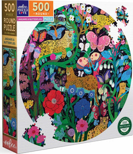 A vibrant 500-piece round jigsaw puzzle featuring colorful illustrations of jaguars and butterflies among lush flowers and foliage. The puzzle showcases various vivid colors and intricate designs, perfect for nature enthusiasts and puzzle lovers alike.