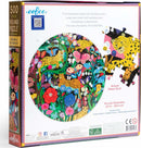 Eeboo Jaguars and Butterflies 500-piece jigsaw puzzle featuring a vibrant circular design of jaguars, butterflies, and colorful flowers, size 23 in. diameter. The artwork by Monika Forsberg displays intertwined elements of nature with playful colors and intricate details.