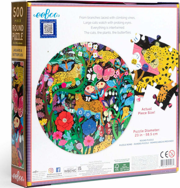 Eeboo Jaguars and Butterflies 500-piece jigsaw puzzle featuring a vibrant circular design of jaguars, butterflies, and colorful flowers, size 23 in. diameter. The artwork by Monika Forsberg displays intertwined elements of nature with playful colors and intricate details.