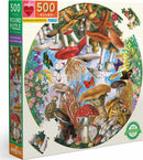 The eeBoo jigsaw puzzle titled 'Mushrooms and Butterflies' features a vibrant round design showcasing various species of colorful mushrooms and butterflies amidst lush greenery. This 500-piece puzzle invites nature lovers to immerse themselves in its detailed artwork, fostering both relaxation and creativity.