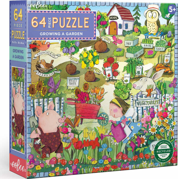 Eeboo's 'Growing a Garden' is a colorful 64-piece jigsaw puzzle designed for ages 5 and up. The puzzle features a whimsical garden scene filled with cartoon animals like a pig, a rabbit, and birds, engaging with vibrant flowers, fruit trees, and vegetable patches, fostering creativity and learning about gardening.