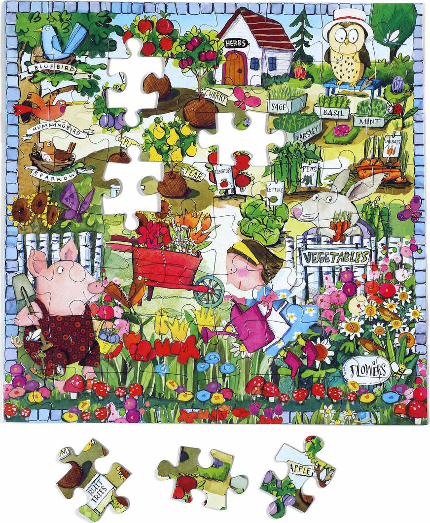 A colorful jigsaw puzzle titled 'Growing a Garden' by Eeboo, depicting a vibrant garden scene with animals like a pig and a rabbit, flowers, and garden items such as a wheelbarrow. The puzzle has several pieces missing, showcasing intricate details of fruits, vegetables, and herbs.