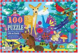 Eeboo 100-piece jigsaw puzzle titled 'Life on Earth'. The vibrant and colorful puzzle features various animals including a deer, peacock, rabbit, and dragonfly among lush greenery and flowers, encouraging a fun and educational experience for children ages 5 and up.