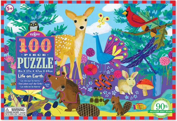 Eeboo 100-piece jigsaw puzzle titled 'Life on Earth'. The vibrant and colorful puzzle features various animals including a deer, peacock, rabbit, and dragonfly among lush greenery and flowers, encouraging a fun and educational experience for children ages 5 and up.