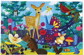 A colorful 100-piece jigsaw puzzle titled 'Life on Earth' by Eeboo, featuring playful illustrations of various animals such as a deer, rabbit, owl, and vibrant flora in a lush, nature-themed setting.