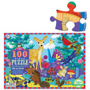 A colorful 100-piece jigsaw puzzle titled 'Life on Earth' by Eeboo, featuring a vibrant illustration of various animals like deer, owls, and birds surrounded by lush greenery and flowers. The box displays the puzzle design, and a single colorful puzzle piece is shown beside it. Ideal for ages 5 and up, the puzzle is made from 90% recycled cardboard.