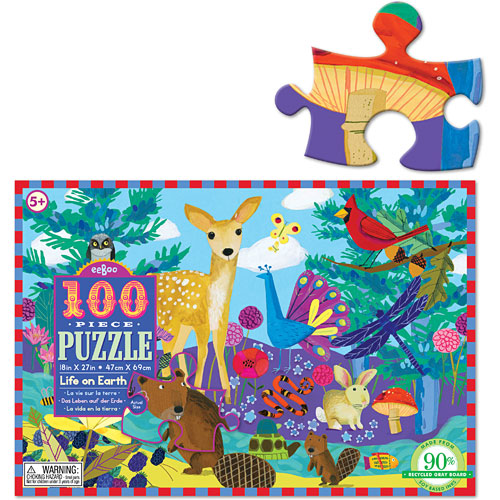 A vibrant 100 piece jigsaw puzzle titled 'Life on Earth' by Eeboo. The puzzle features a delightful array of animals like deer, birds, and rabbits amidst colorful foliage and flowers, designed to engage and educate children aged 5 and up. The box displays the completed puzzle image along with a singular puzzle piece peeking out, showcasing its bright colors and playful design.