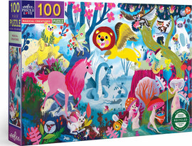 Eeboo 100-piece jigsaw puzzle featuring a vibrant illustration of magical creatures, including unicorns, a lion, and various whimsical animals in a colorful, fantastical landscape. The box design highlights the engaging artwork and is suitable for ages 5 and up.