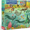 Otters at Play 64-piece jigsaw puzzle by Eeboo, featuring playful otters swimming amidst a colorful aquatic scene filled with fish, plants, and vibrant underwater life. A fun and engaging puzzle suitable for ages 5 and up.