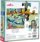 The Otters at Play 64 Piece Puzzle by EeBoo features a vibrant illustration of playful otters swimming among colorful underwater plants and flowers. The puzzle measures 15 x 15 inches and showcases multiple otters interacting in a lively aquatic scene, with large puzzle pieces displayed beside the box, emphasizing their actual size.