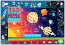 Eeboo Solar System jigsaw puzzle featuring a colorful and informative design that showcases planets like Jupiter, Saturn, and Mars. The puzzle measures 18 inches by 27 inches and contains 100 pieces. It includes details about the planets, moons, and facts about space exploration, making it fun and educational for ages 5 and older.