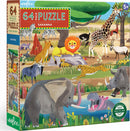 Eeboo Savanna jigsaw puzzle featuring a colorful illustration of a lively savanna scene with various animals including a lion, elephant, giraffe, zebra, and leopard among trees and flowers. The puzzle consists of 64 pieces and is suitable for ages 5 and up. The box displays vibrant artwork, inviting young puzzlers to explore the animal kingdom.
